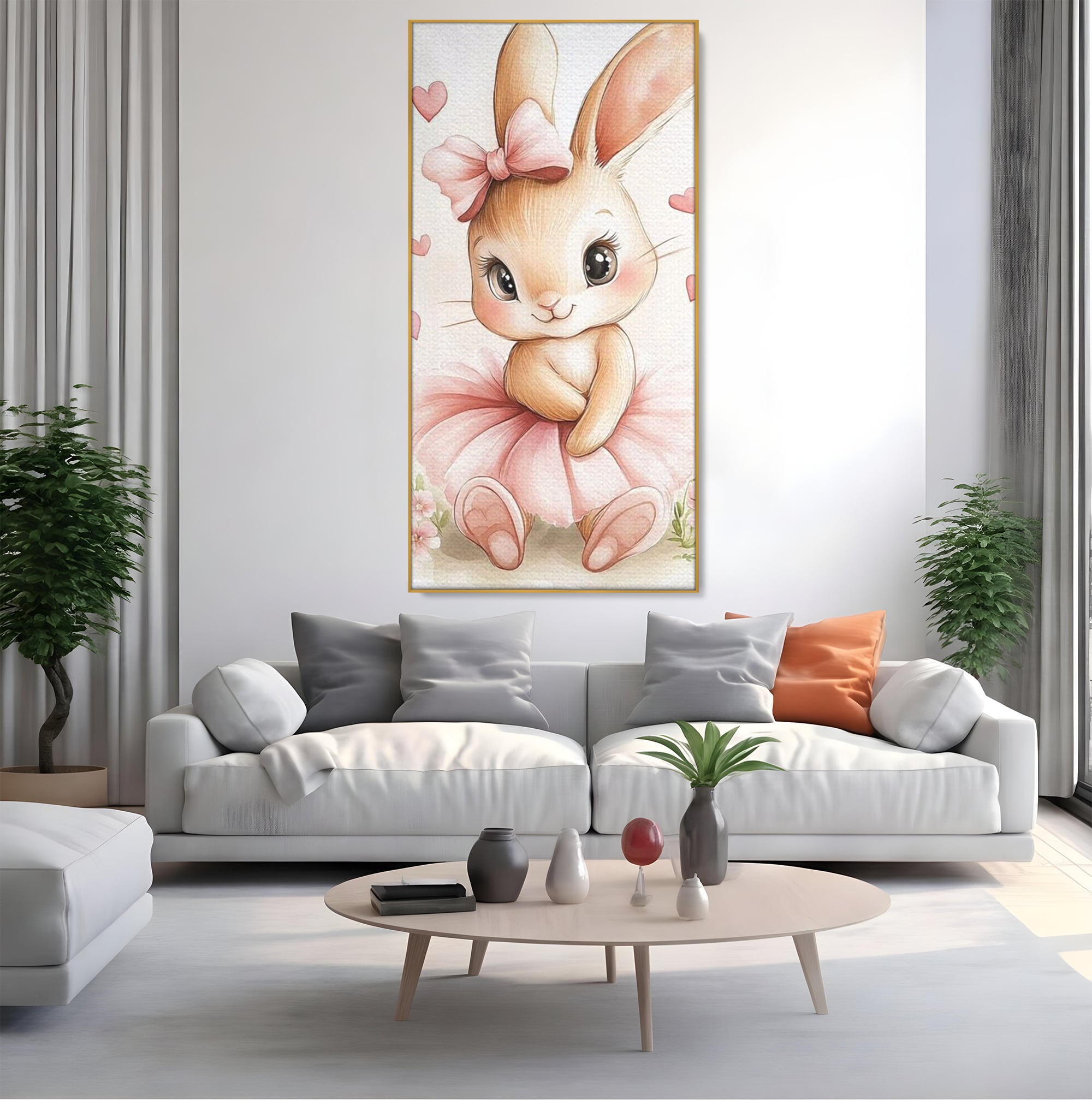 Tablou canvas cu ilustratie cu iepuras balerina, in rama de aluminiu auriu, pe perete intr-un living